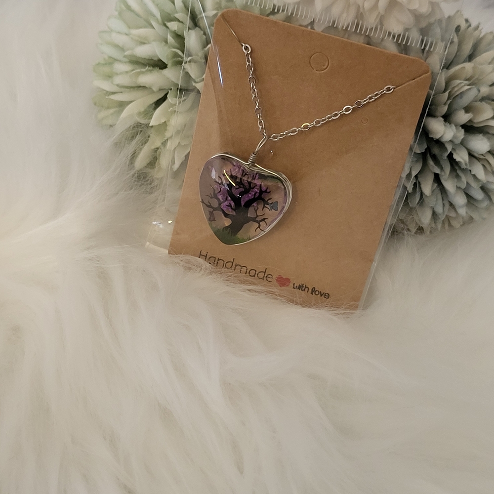 Handmade Heart Pendant Necklace with Purple Floral Design